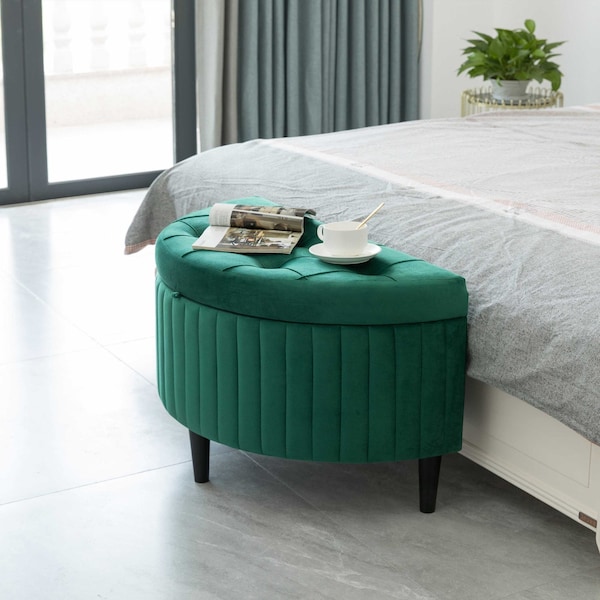 Half Moon Modern Velvet Tufted Storage Ottoman Bench, Green Product Name